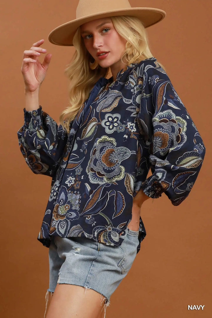 Floral Print Long Sleeve Blouse-Navy