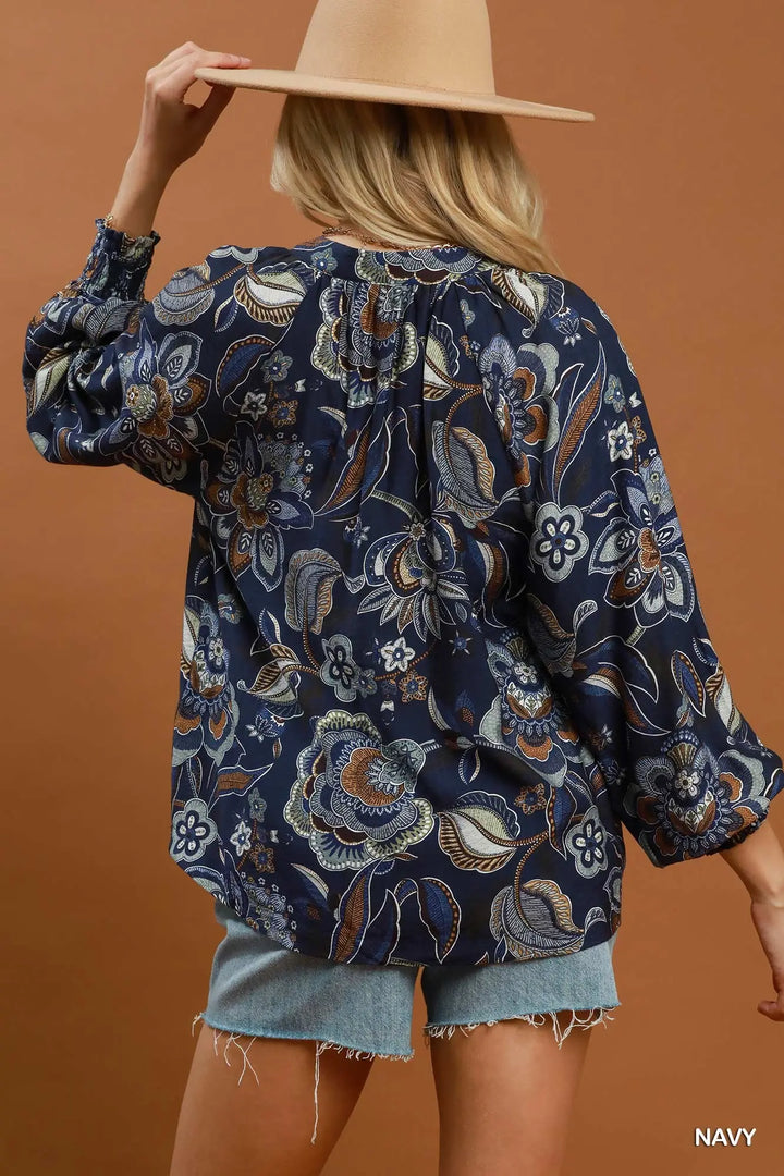 Floral Print Long Sleeve Blouse-Navy