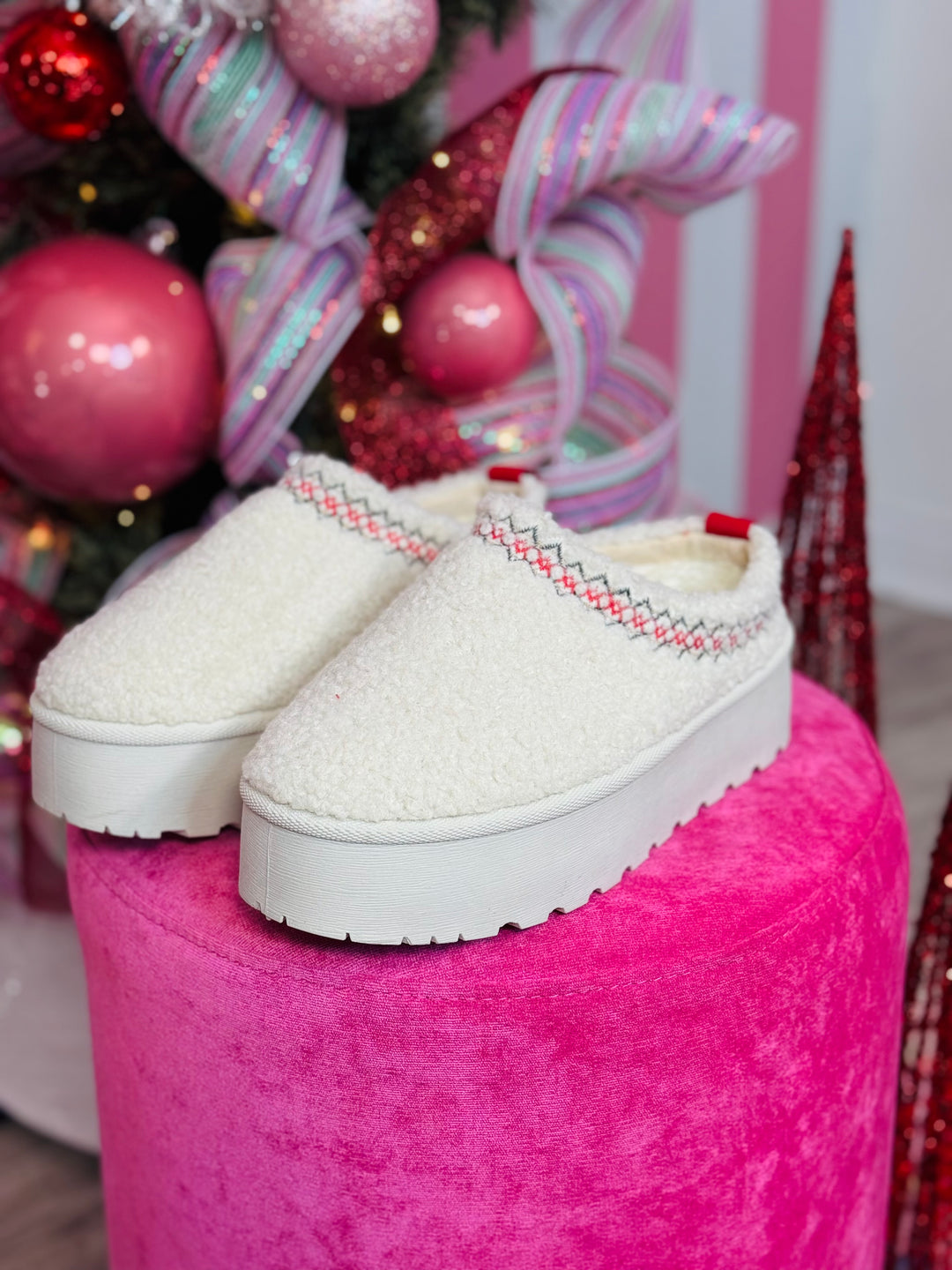 Fuzzy White Platform Slip-Ons