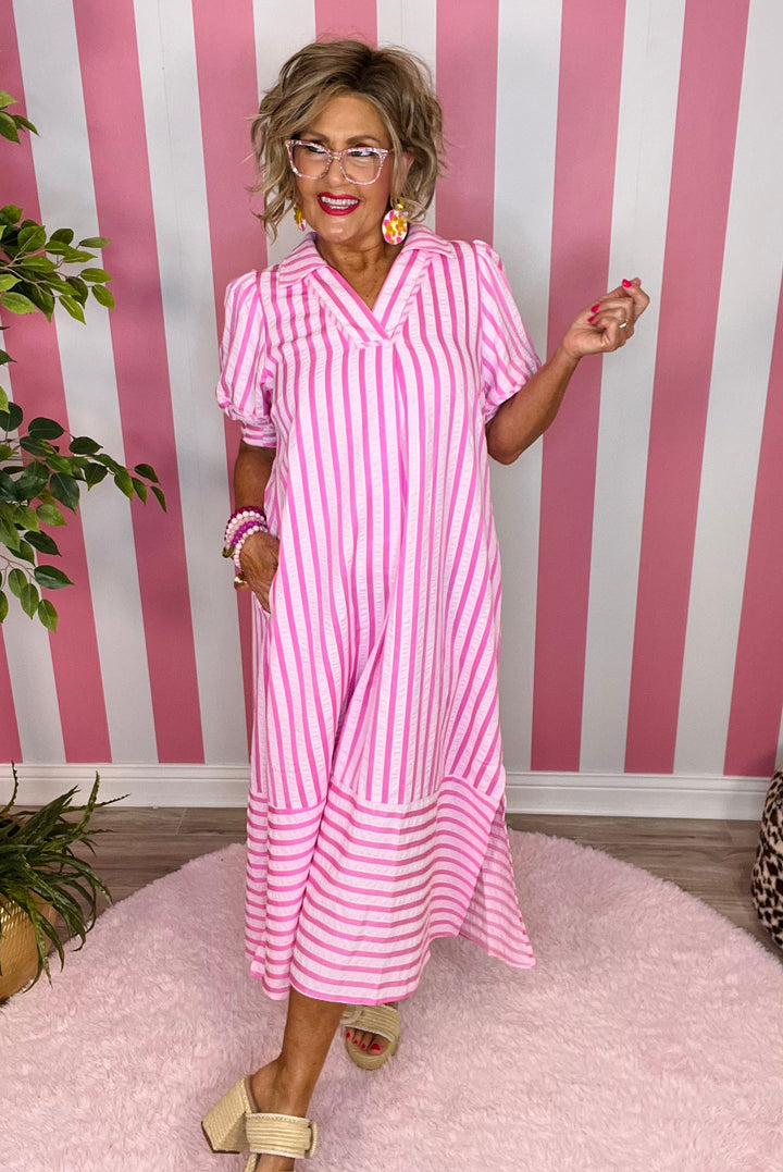 Striped Puff Sleeve Midi Dress-Pink