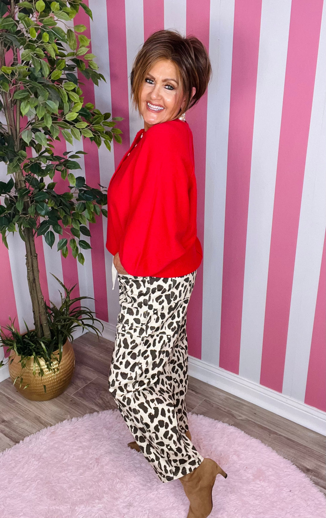Leopard Print Barrel Pants-Natural