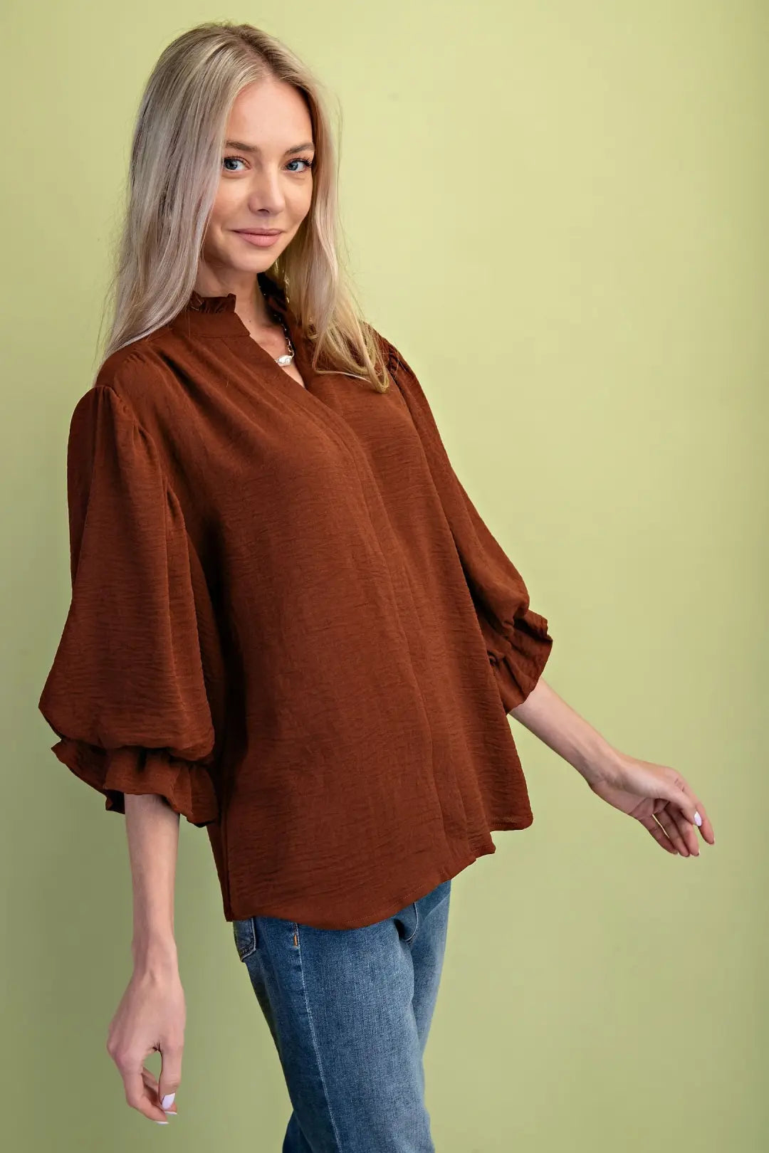 Balloon Sleeve Blouse-Brown
