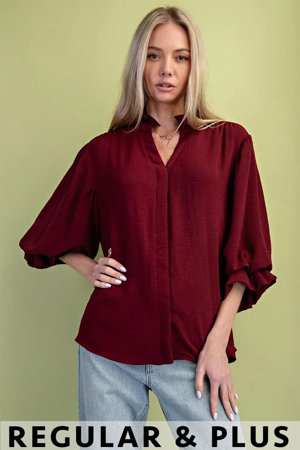 Balloon Sleeve Blouse-Burgundy