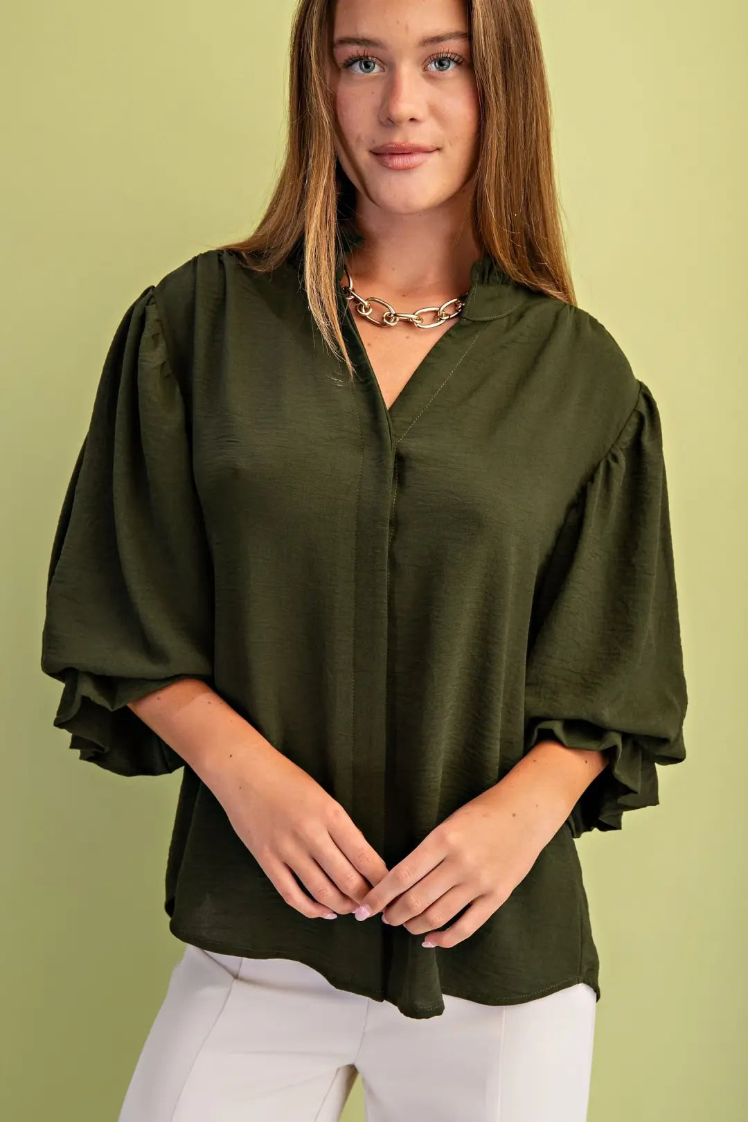 Balloon Sleeve Blouse-Olive