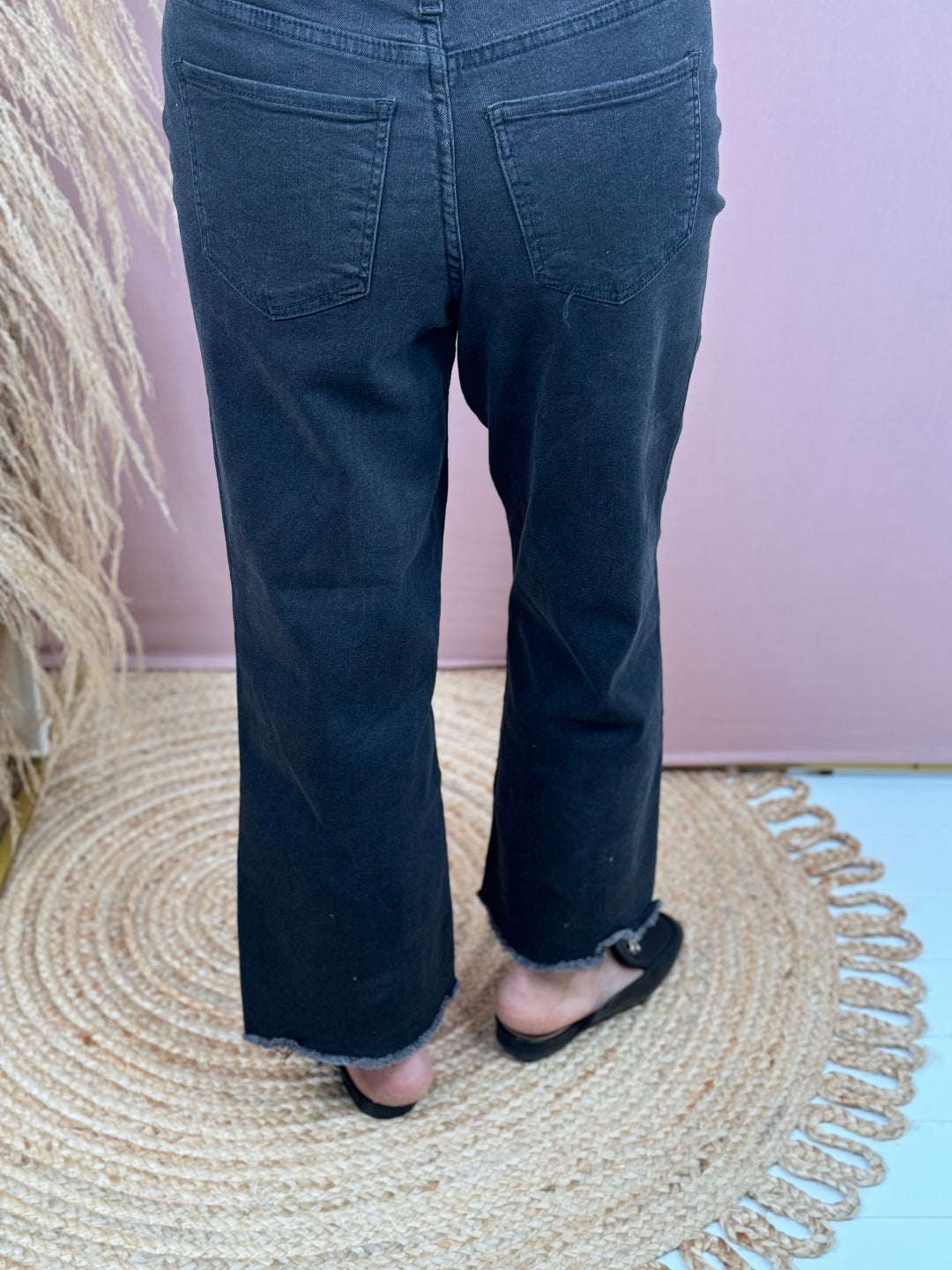 Faded Black High Rise Wide Leg Crop Raw Hem Jean - Available Sizes 4-16