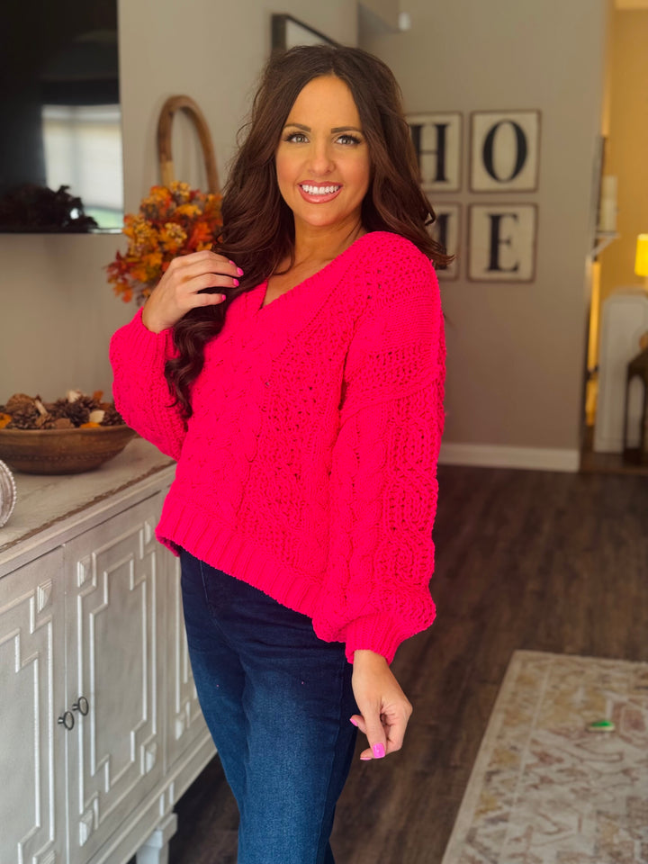 Fuchsia Chenille V-Neck Sweater