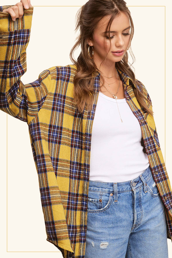 SRT7807-Soft Fabric Plaid Loose Fit Button Down Shirt