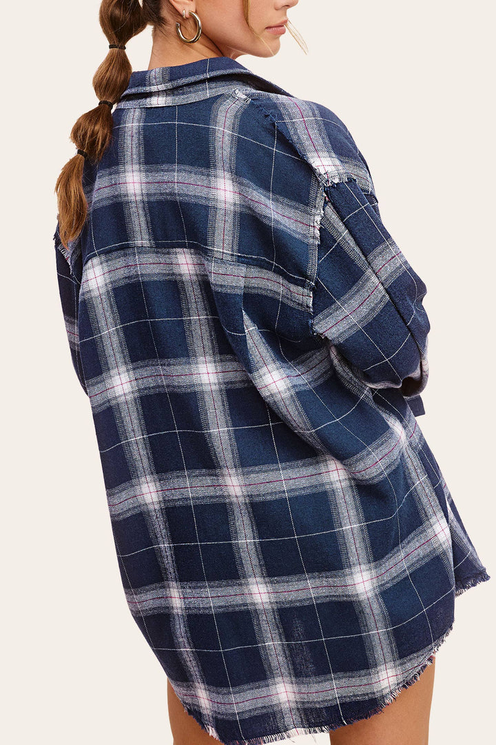 Cut Edge Detailed Plaid Loose Fit Button Down Shirt-Navy
