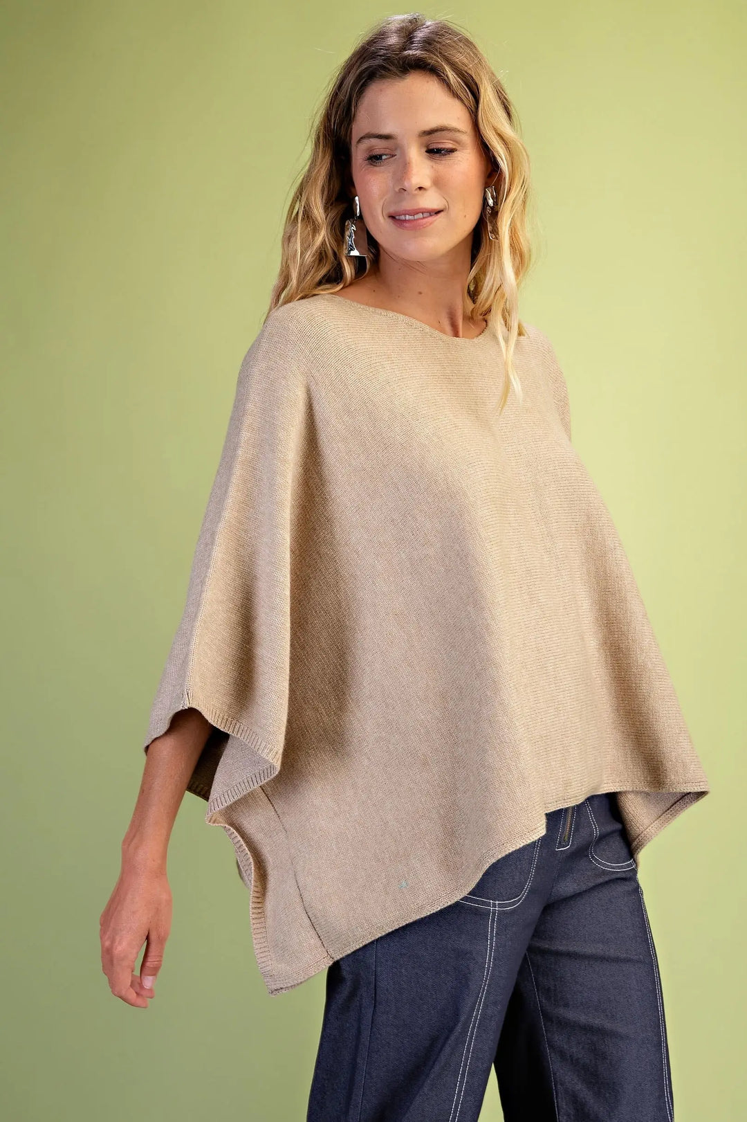 Boat Neck Poncho Style Sweater-Taupe