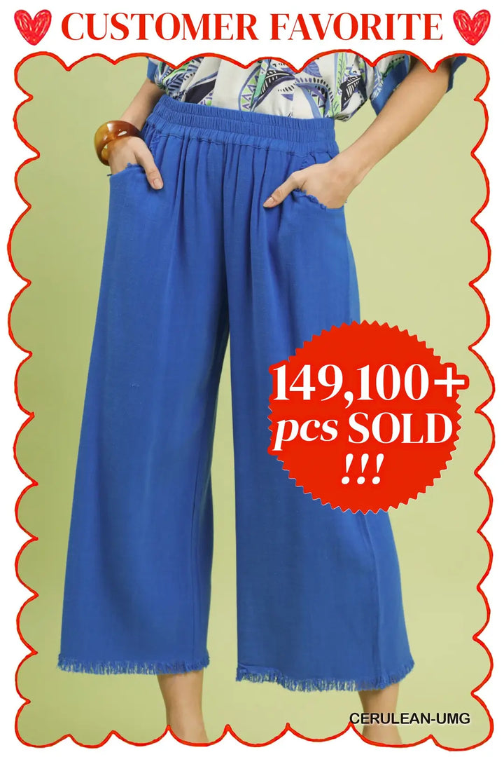 Frayed Hem Wide Leg Pants- Peony