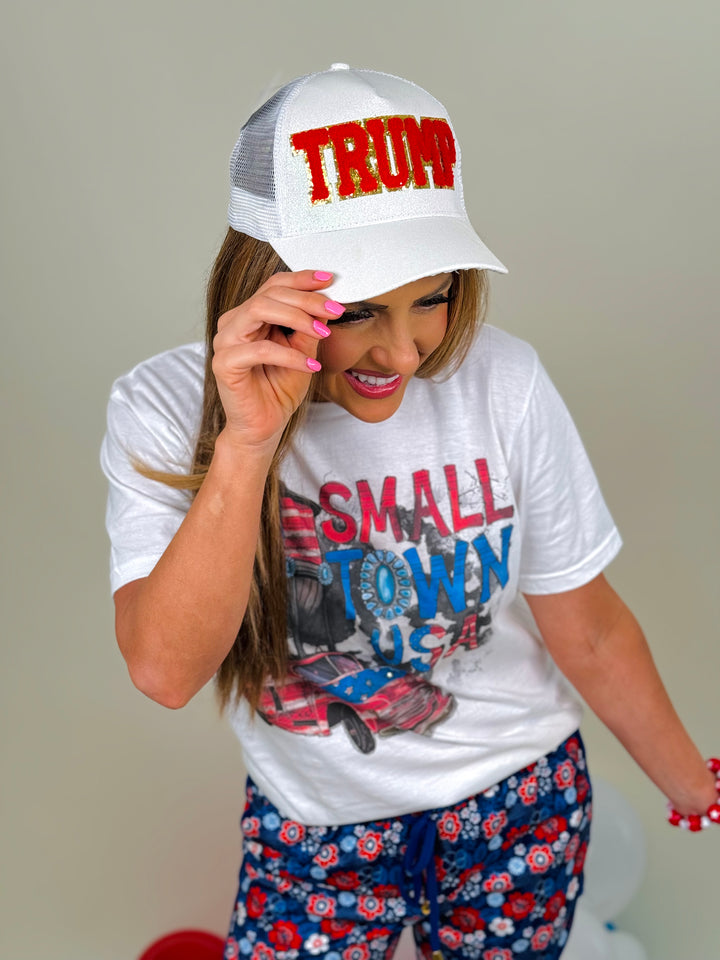 White Glitter "Trump" Chenille Trucker Hat