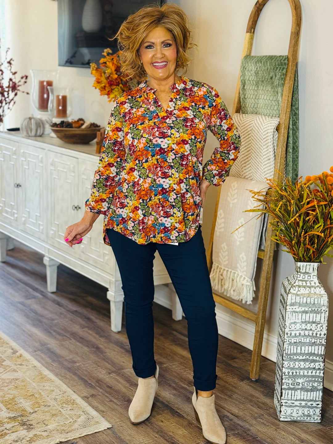 Navy Floral Print Blouse