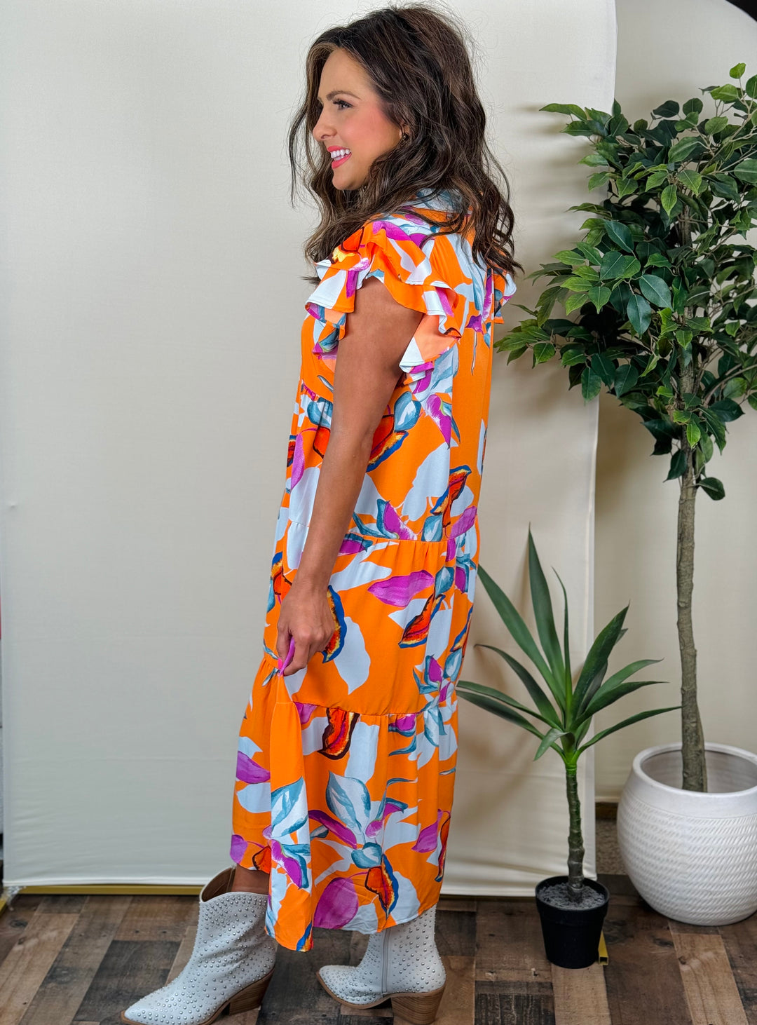 Tangerine Floral Print A-Line Collared Midi Dress with Double Layered Ruffle Sleeves - Available Small Through Extended Sizes