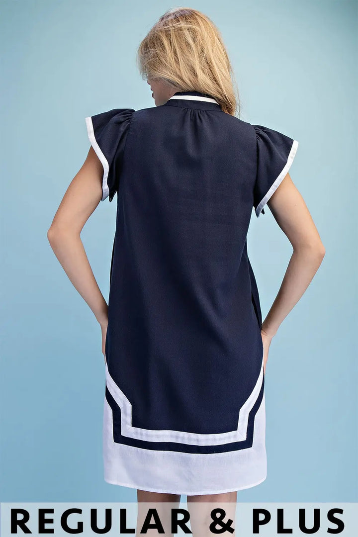 V-Neck Dress with Embroidery Detail-Navy