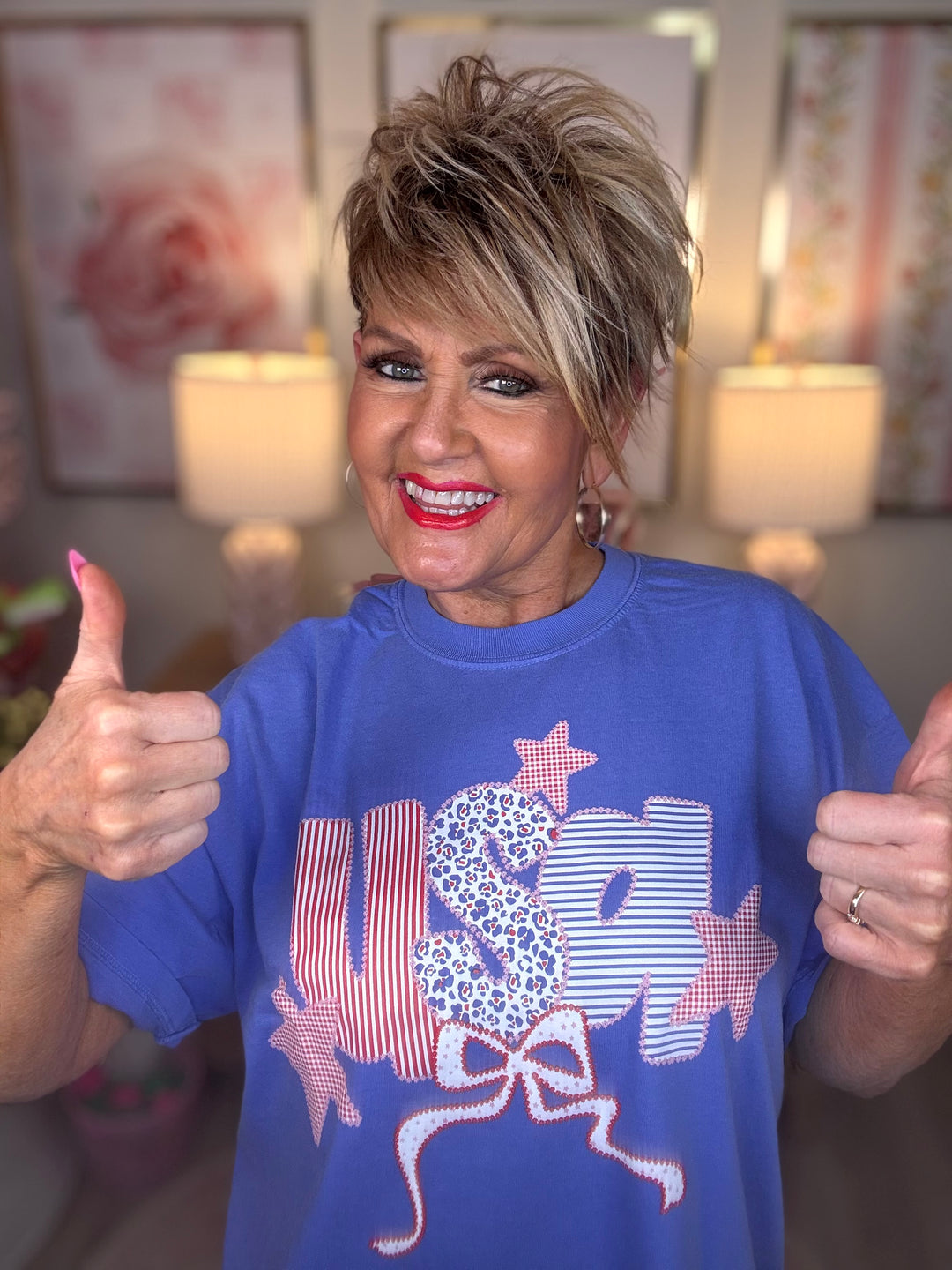 SALE: USA! USA! Patchwork Comfort Color Tee- Flo Blue