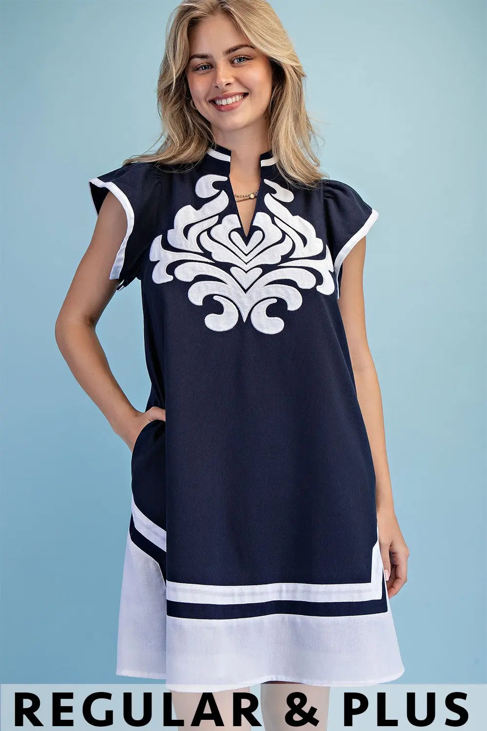 V-Neck Dress with Embroidery Detail-Navy