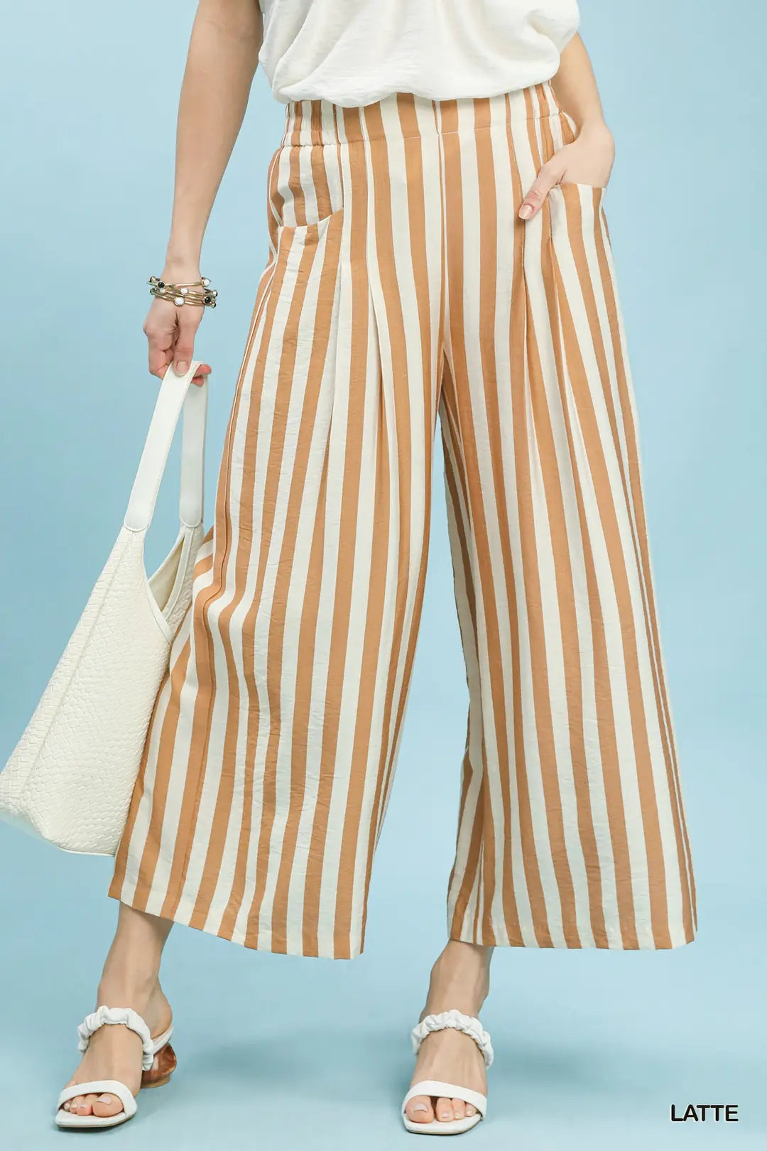 Vertical Stripe Wide Leg Pants-Latte