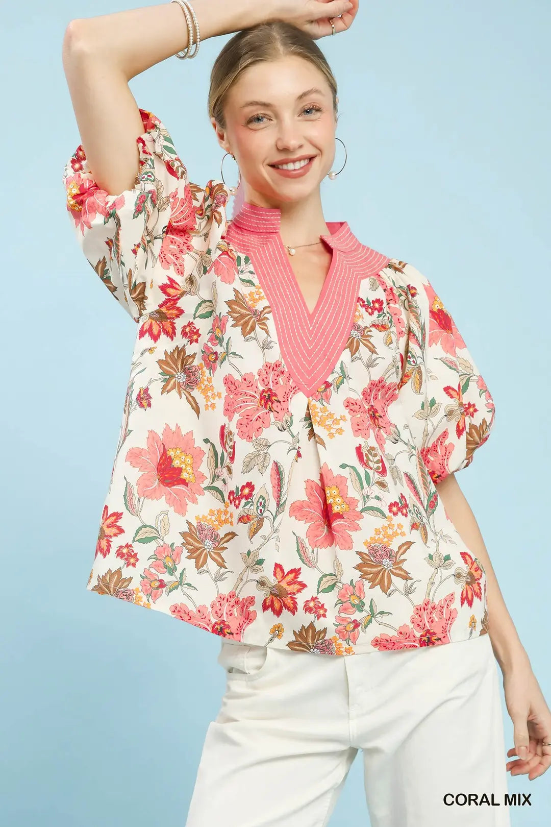 Floral Puff Sleeve Blouse-Salmon