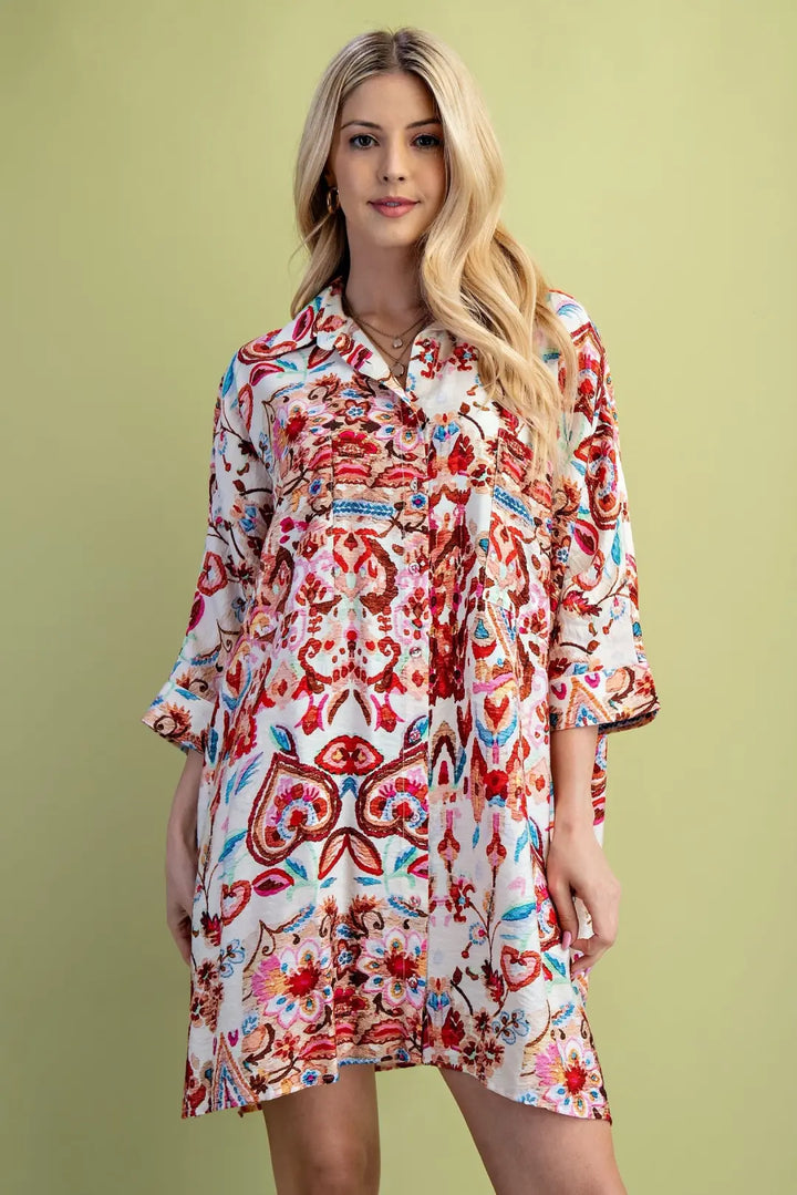 Watercolor Print Button Down Shirt Dress