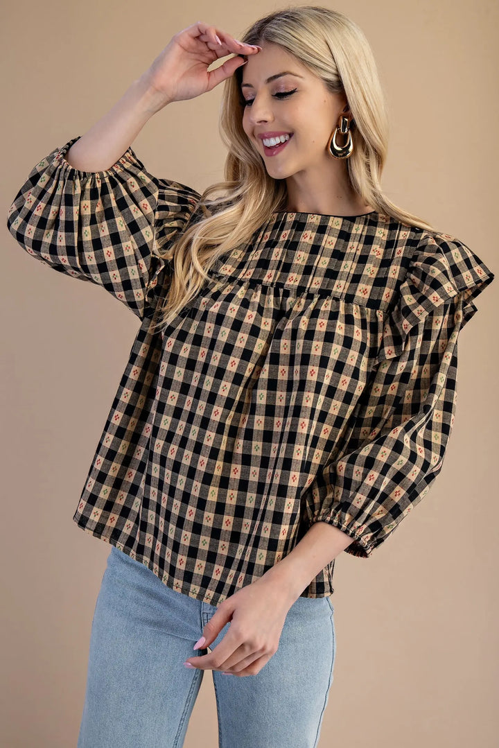 Gingham Print Blouse-Black