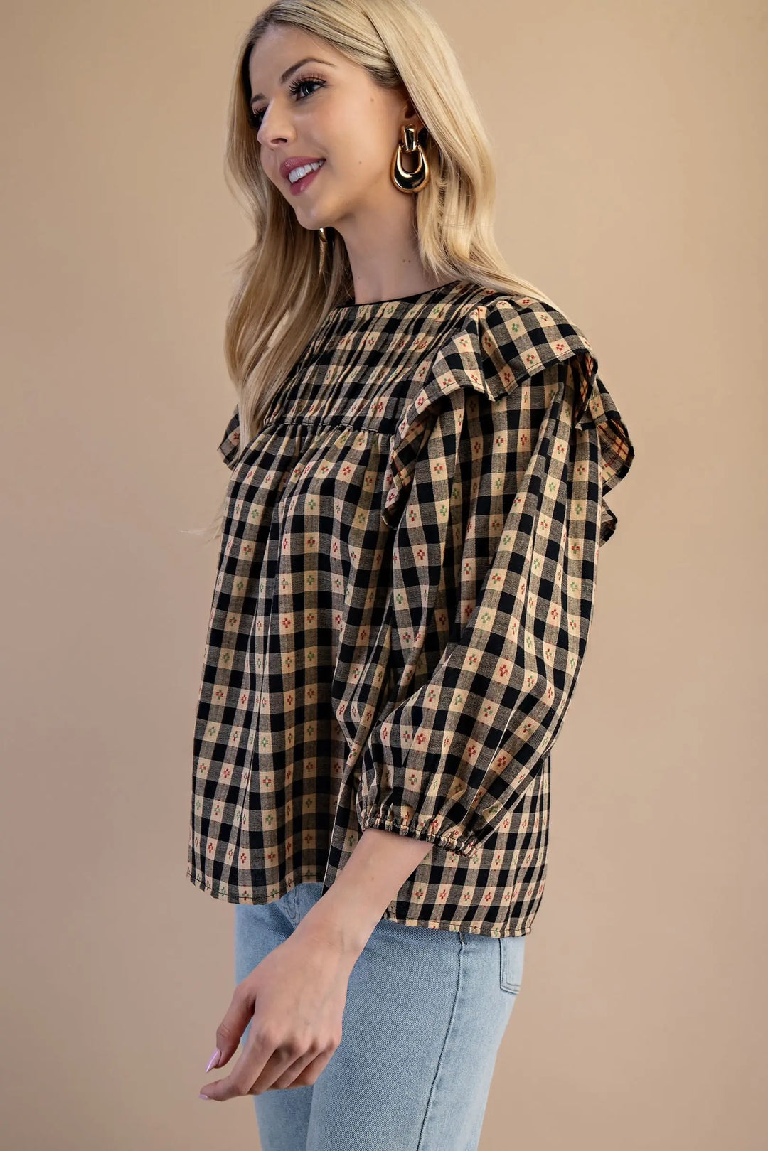 Gingham Print Blouse-Black