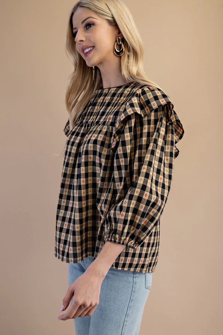 Gingham Print Blouse-Black