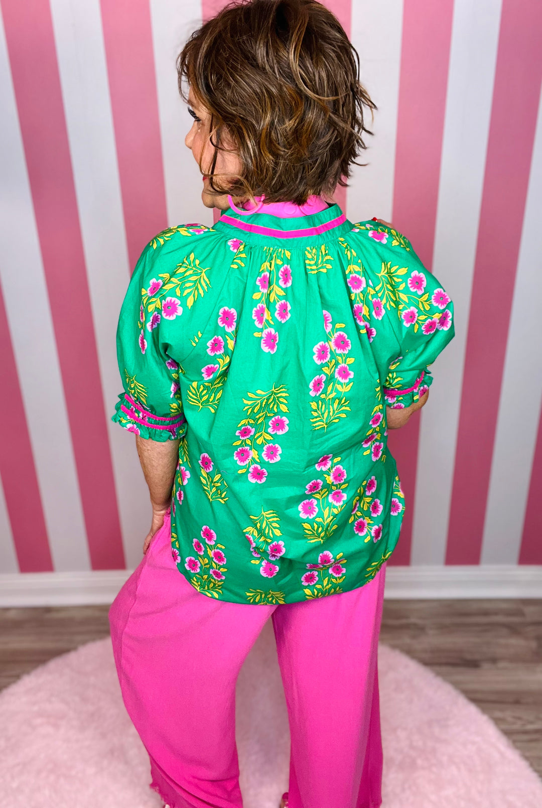 Floral Puff  Sleeve-Green Mix