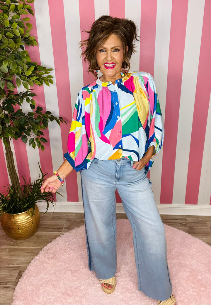 Bright Abstract Loose Fit Button Down Blouse with a Mandarin Collar