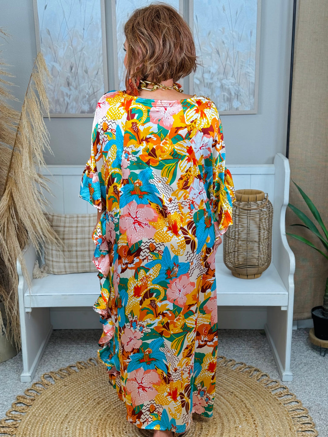 Tropical Print Rayon Challis Midi Dress