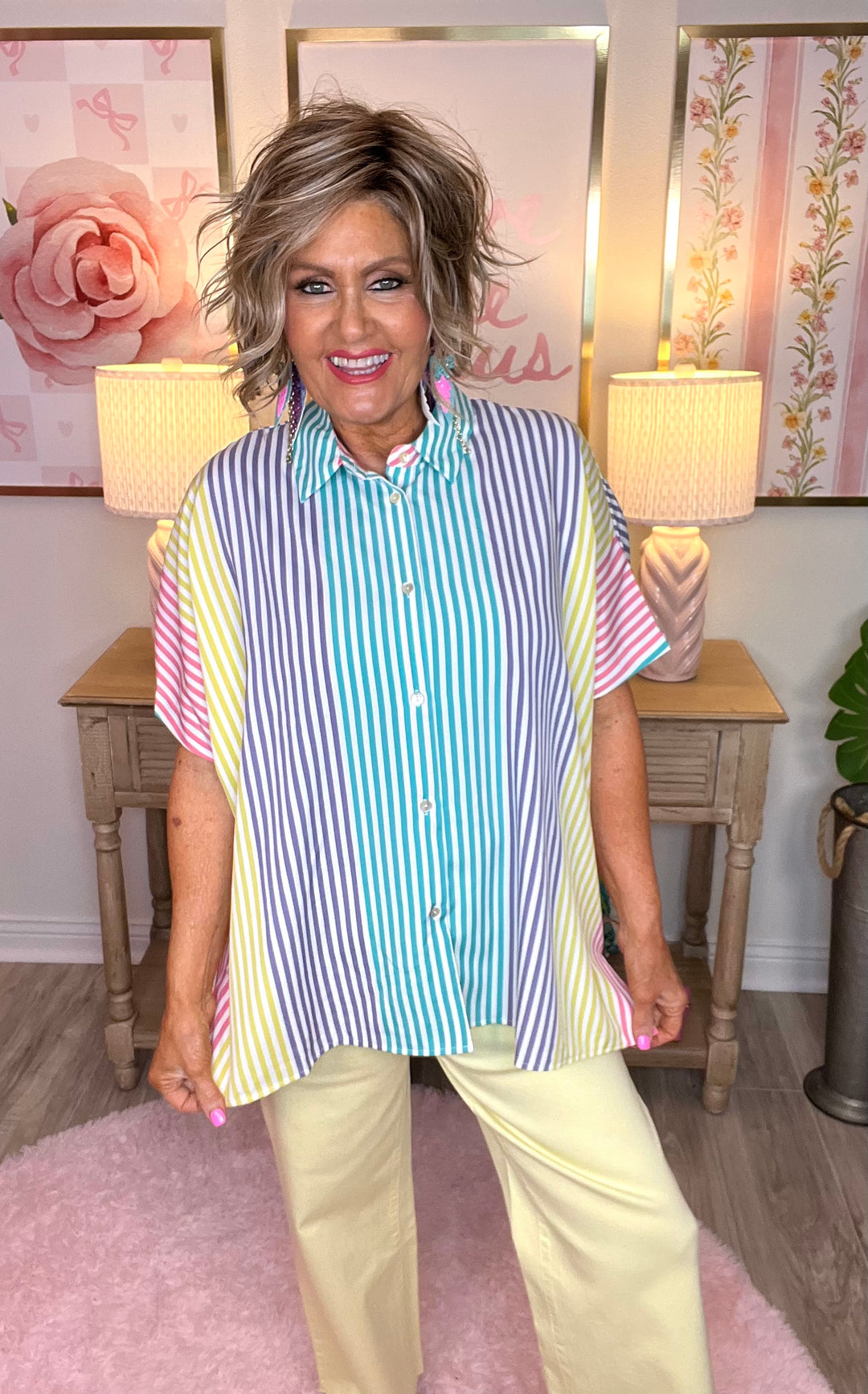 Collared Neck Short Sleeve-Multi-Striped