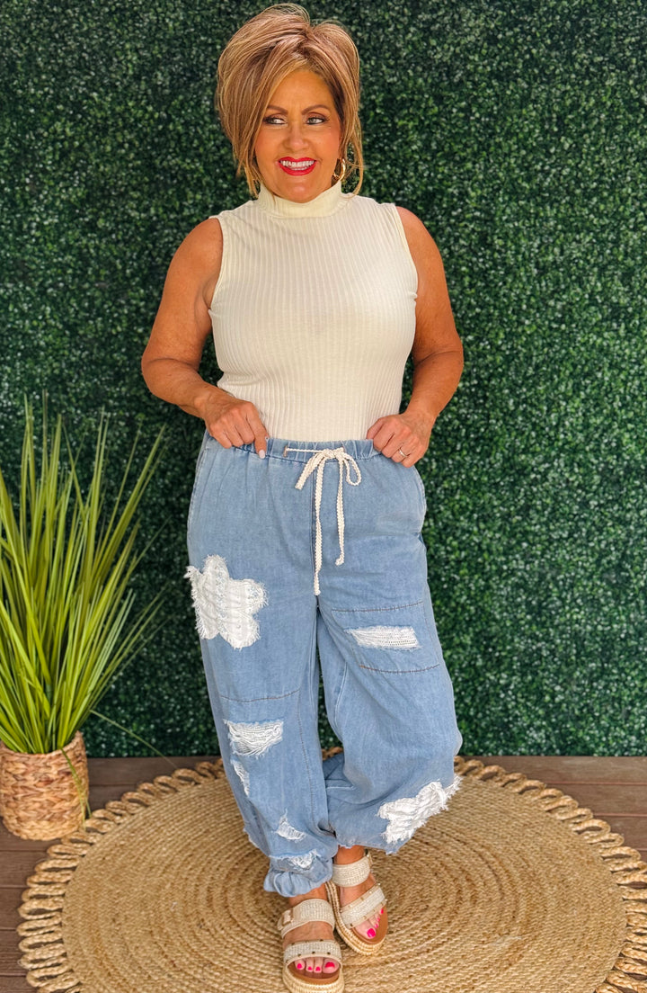 Denim Joggers W/ Floral Patches - 2 Color Options
