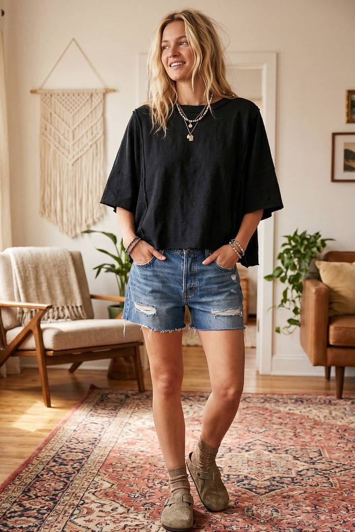 Cotton Slub Raw Edge Oversized Tee-August 10-13  Delivery