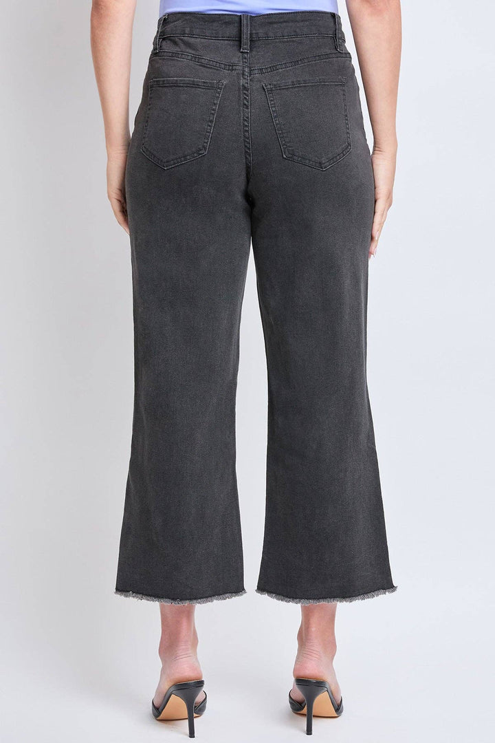 Black High Rise Wide Leg Crop Raw Hem Jean