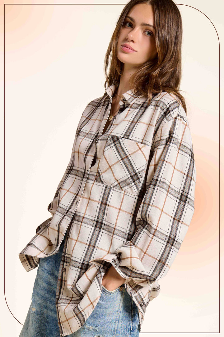 SRT1312-Soft Fabric Plaid Loose Fit Button Down Shirt-2 Color Options
