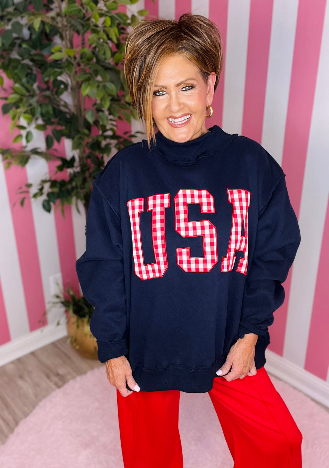 Navy Mock Neck with Red Gingham USA
