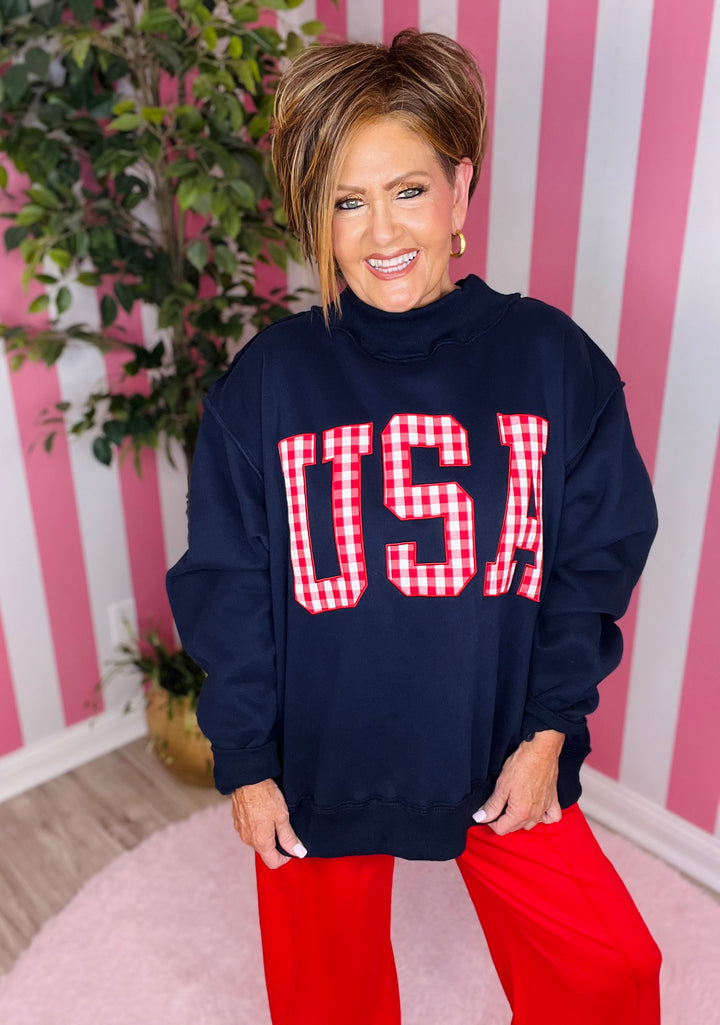 Navy Mock Neck with Red Gingham USA