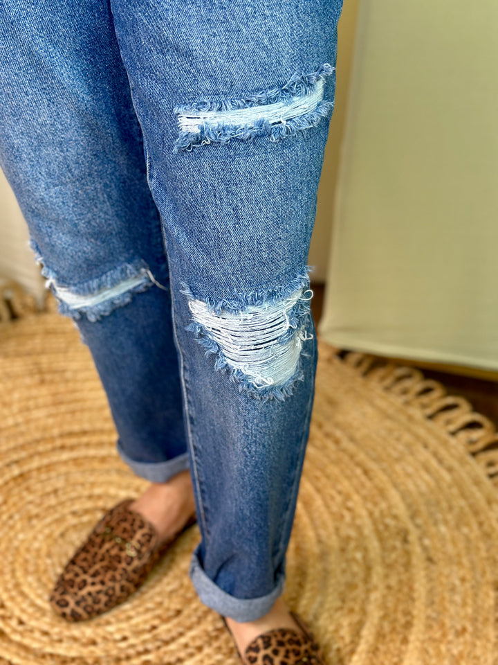 Ripped Medium Wash Dream Mid-Rise Boyfriend Jean w/Cuff Ankle- Available Sizes 4-16