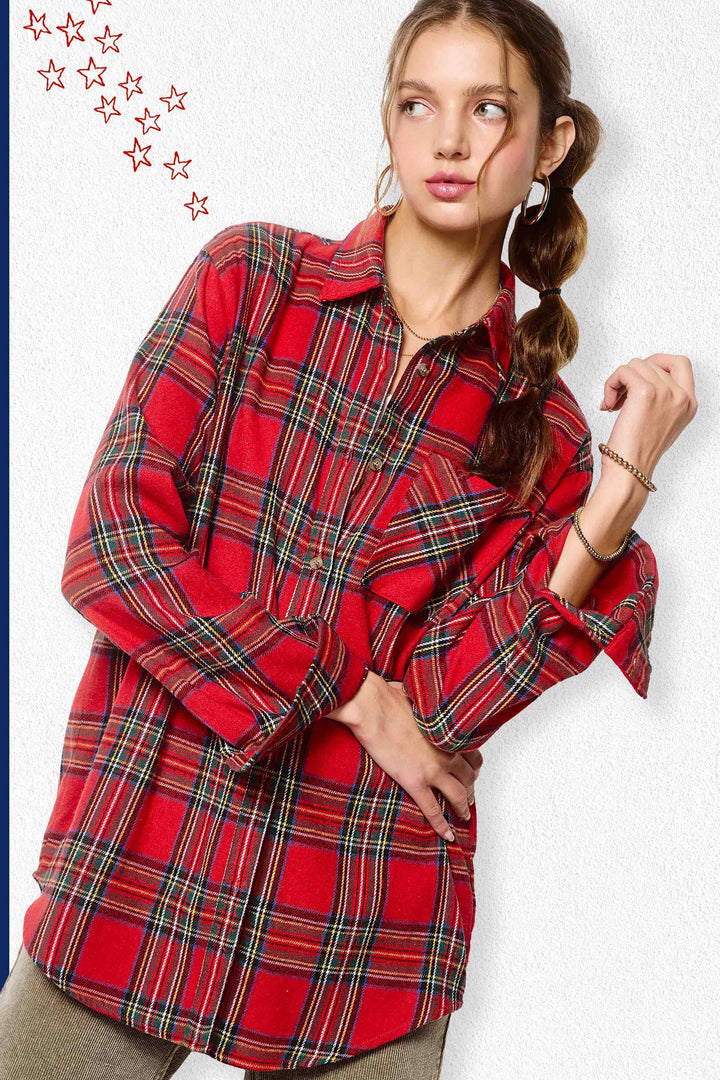 SRT7807-Soft Fabric Plaid Loose Fit Button Down Shirt