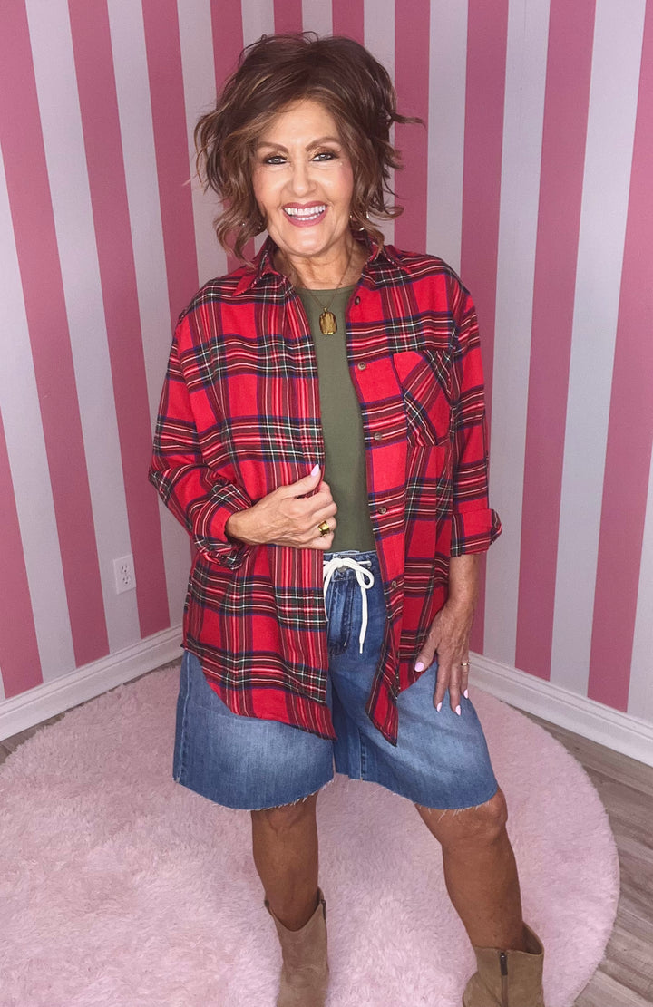 SRT7807-Soft Fabric Plaid Loose Fit Button Down Shirt-2 Color Options