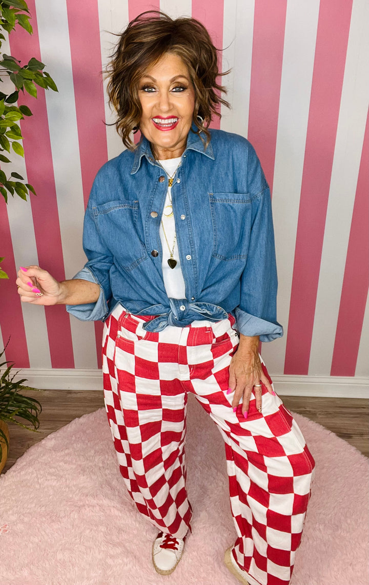 Checkered Printed Barrel Denim Pants