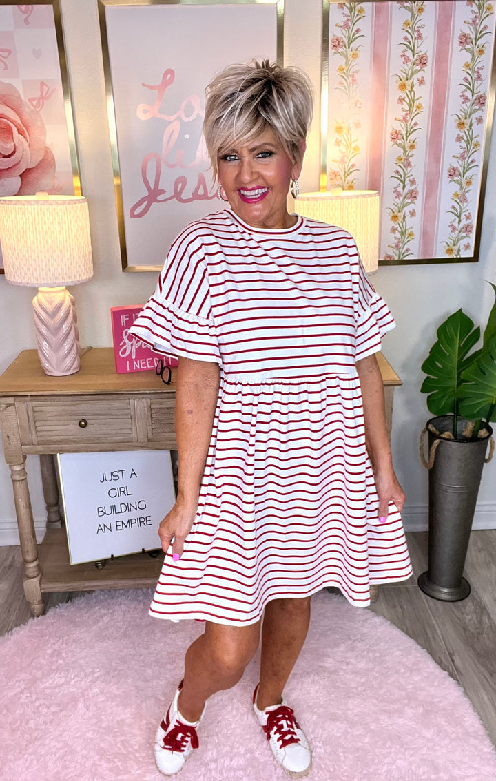 Striped Round Neck Baby Doll Cotton Dress-Red Stripe