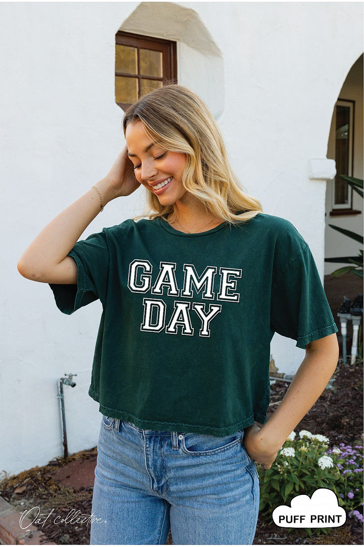 Black Game Day Puffed Cropped Mineral Graphic Tee