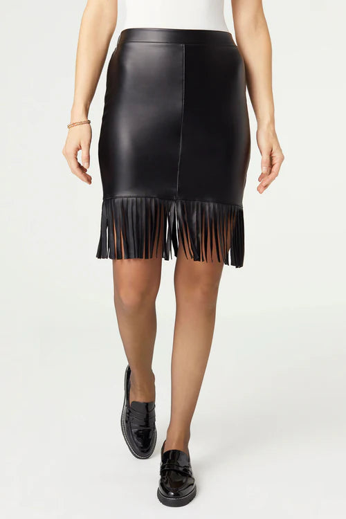 Black Alexi Faux Leather Skirt with Fringe