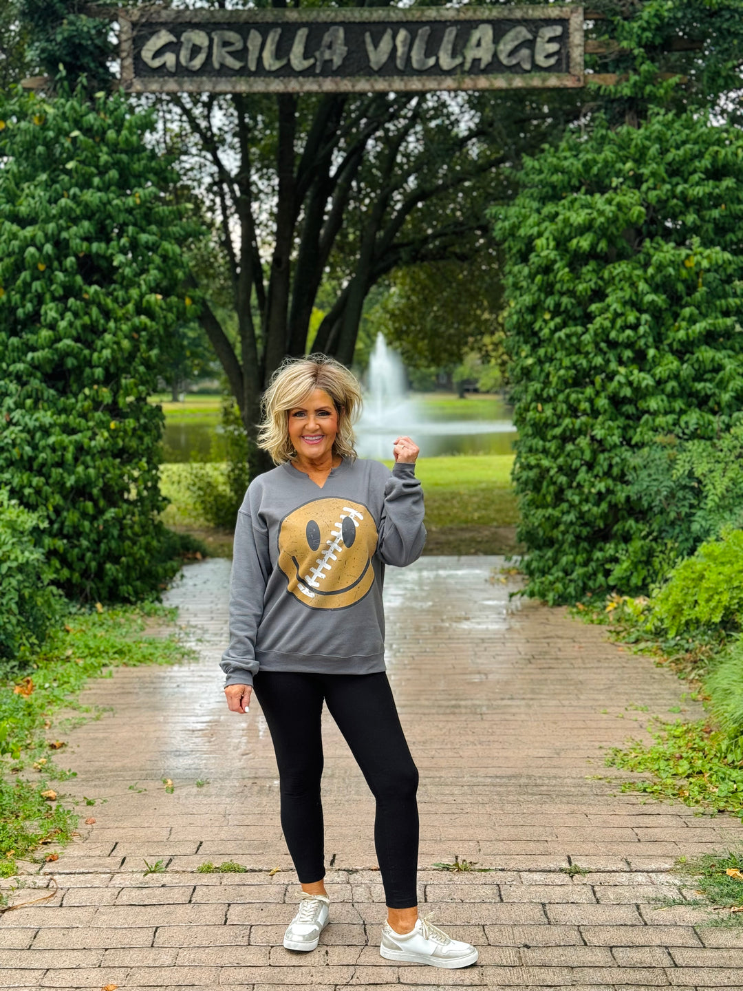 Charcoal Retro Football Smiley Split Neck Sweatshirt - Medium Through Extended Sizes