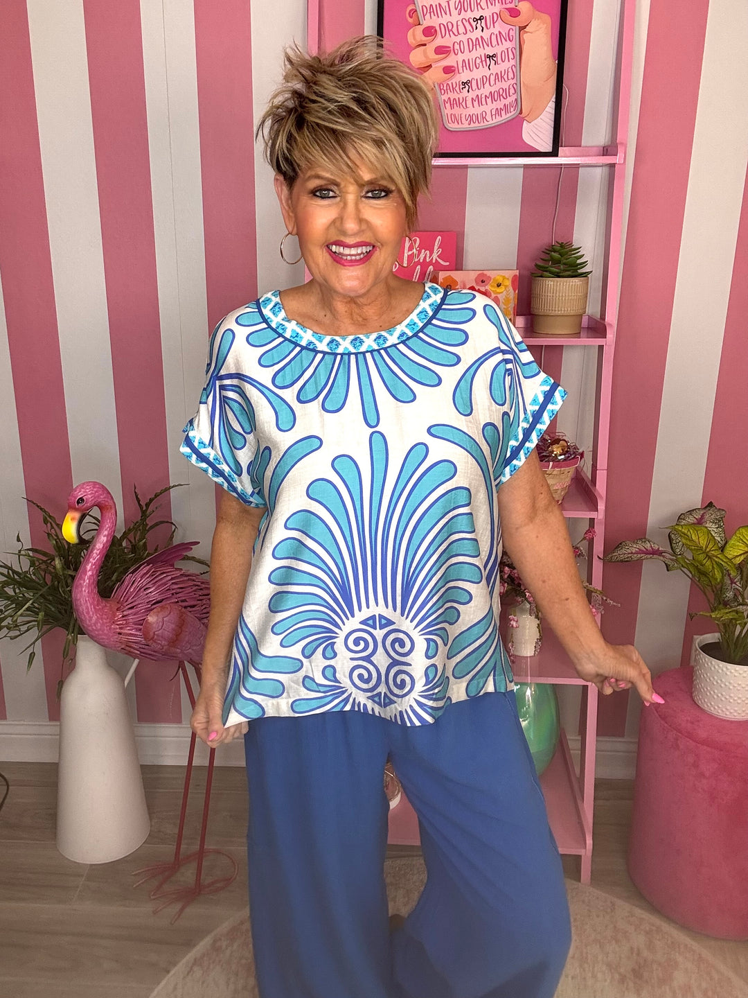 Boho Floral Print Short Sleeve Top-Blue