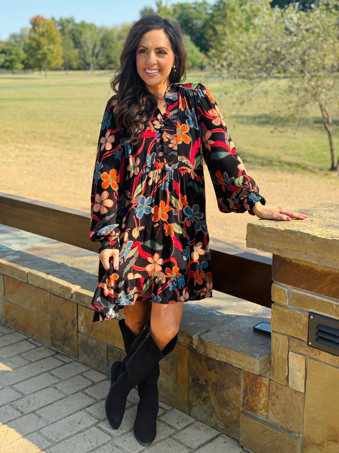 Black Floral Printed Gauze Tiered Dress