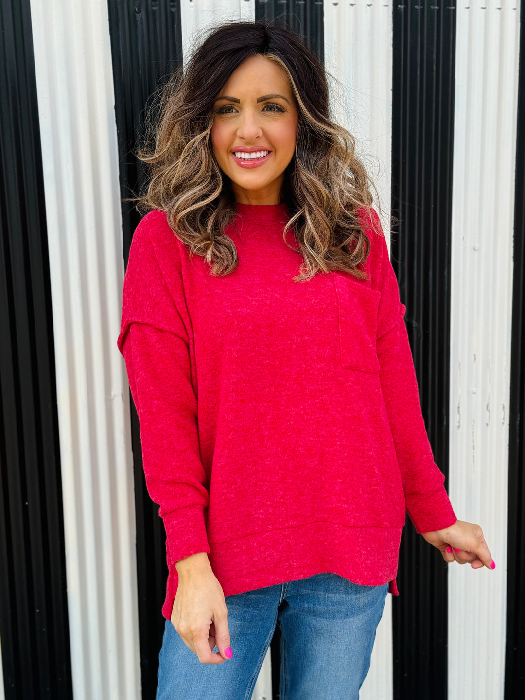 Dark Red Brushed Melange Drop Shoulder Oversized Sweater - Small Through Extended Sizes