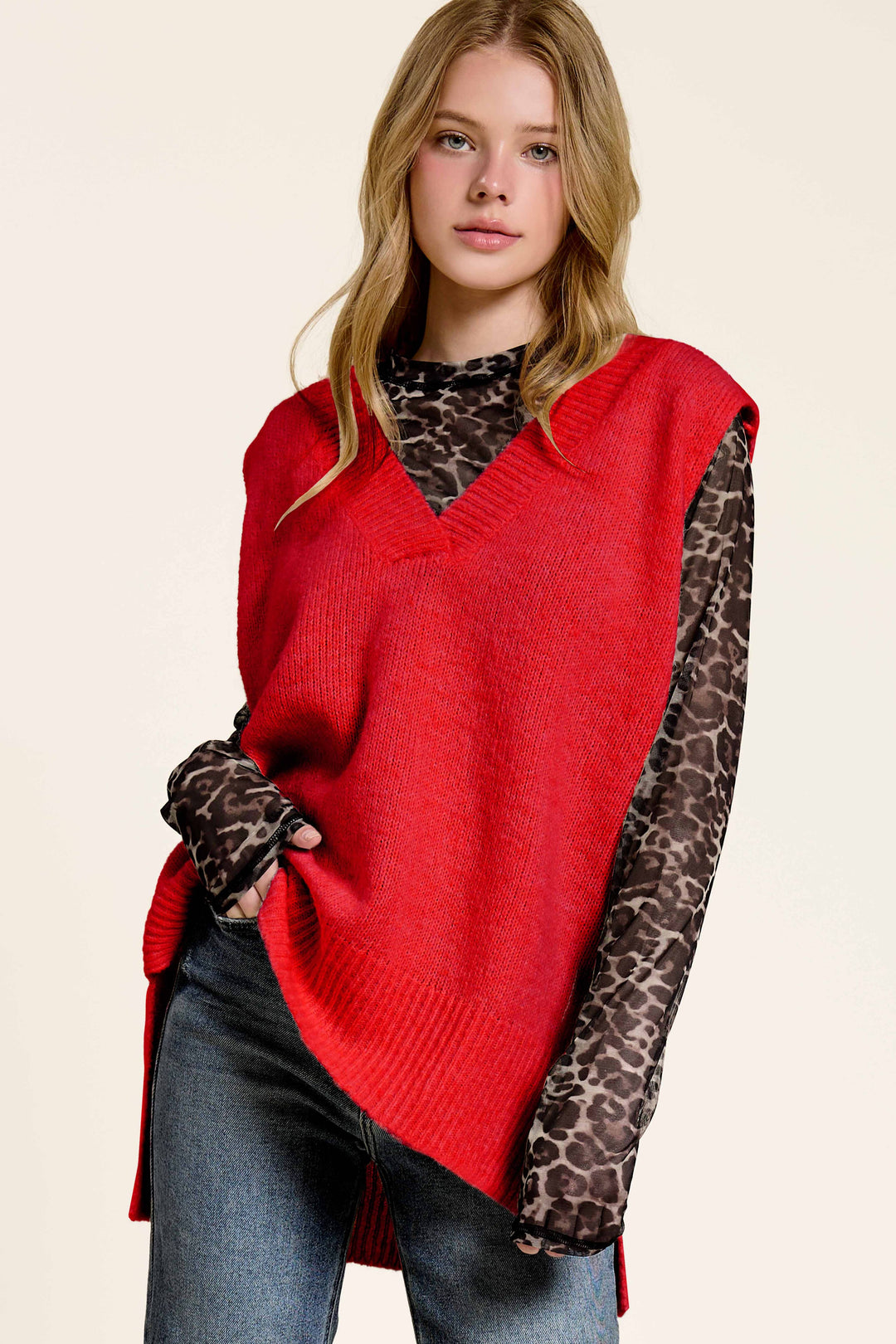 MCS3589-Oversized Soft Knit Sweater Vest with Side Slit