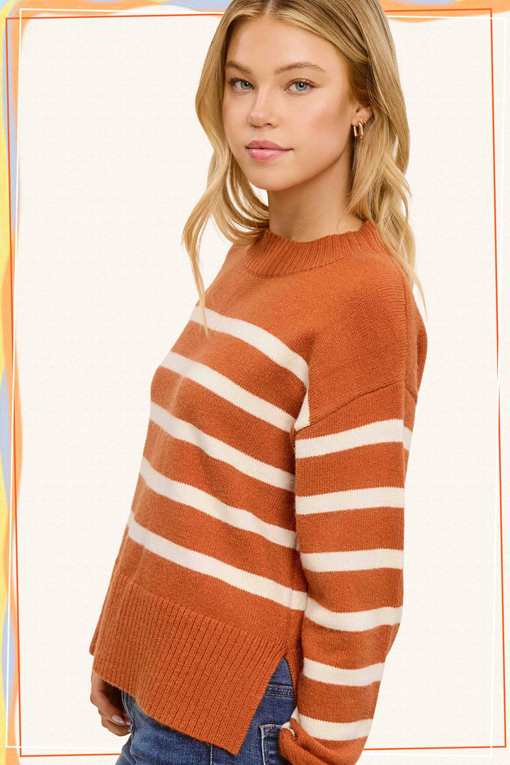 JCS3592-Striped Mock Neck Dolman Sleeve Sweater Fall