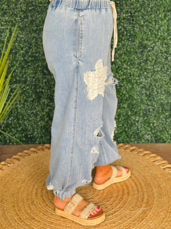 Denim Joggers W/ Floral Patches - 2 Color Options